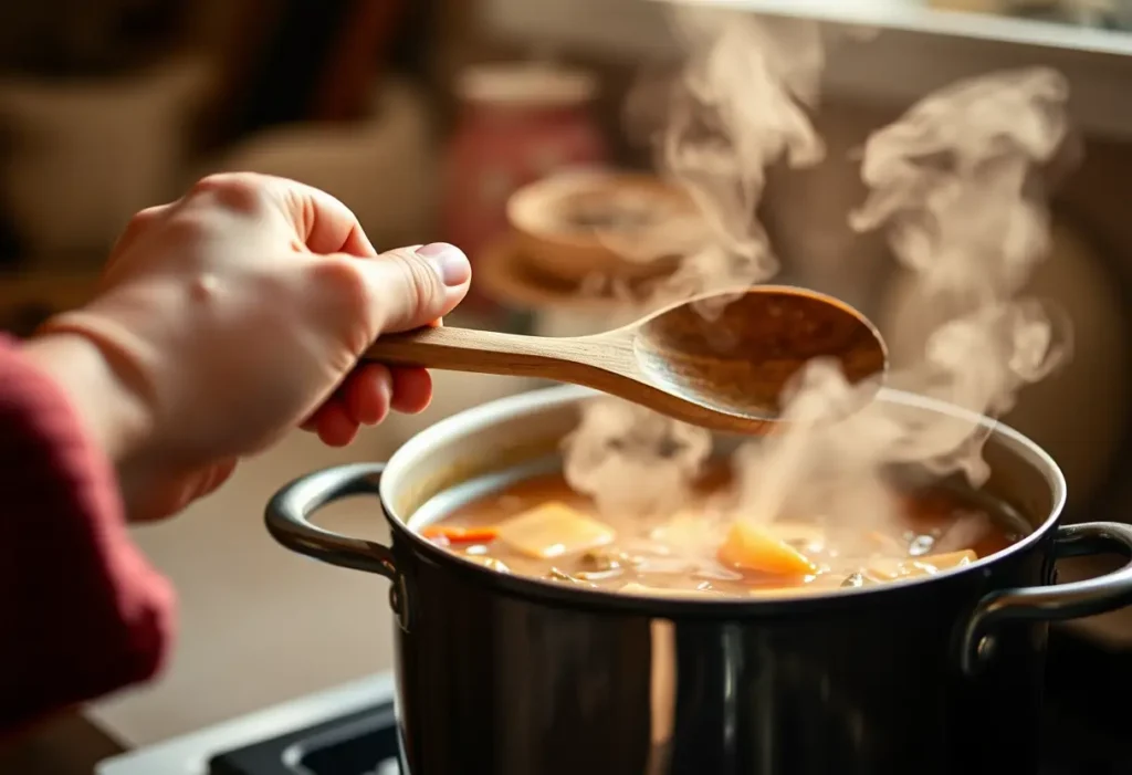 Main de femme tenant une cuillère en bois au-dessus d'une marmite de soupe maison, cuisine chaleureuse, bien-être