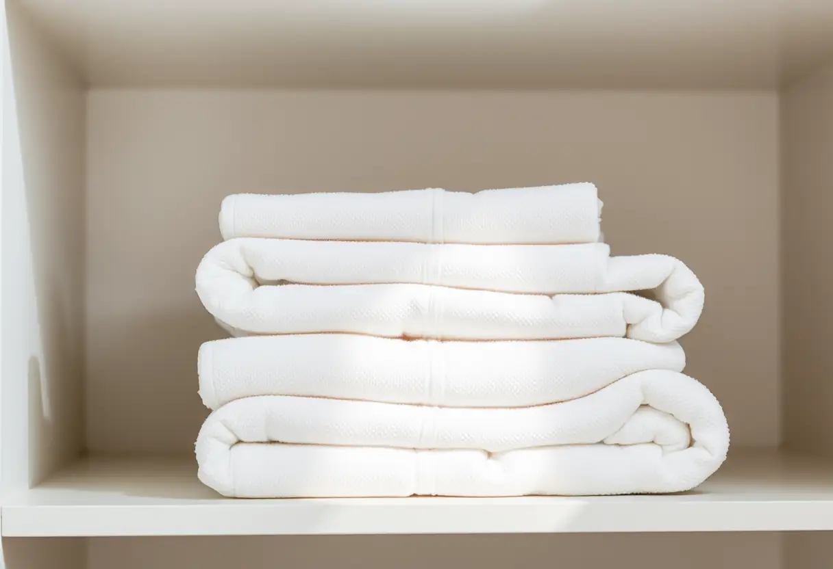 Stacks de serviettes blanches douces pliées sur une étagère de salle de bain, lumière douce souligne la texture du tissu, bien-être