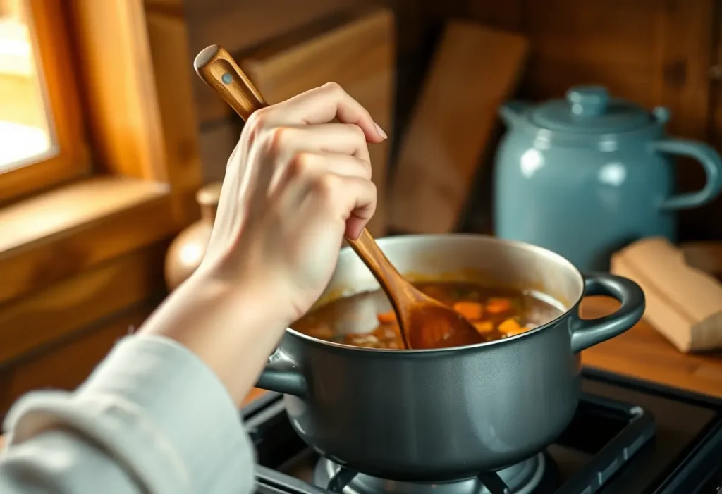 Main de femme tenant une cuillère de bois au-dessus d'une marmite de soupe, intimité et bien-être