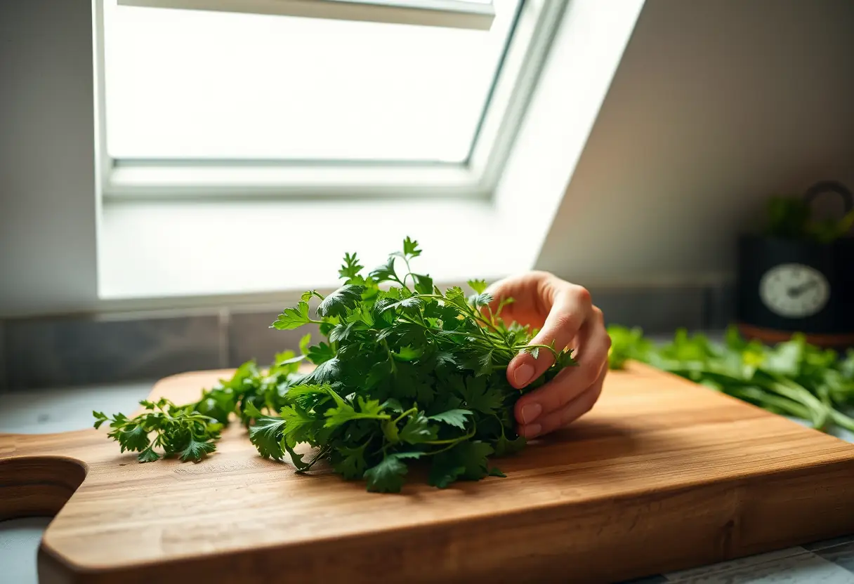 Mains disposant des herbes fraîches sur un plan de travail en bois, ciel ouvert, bien-être et épanouissement