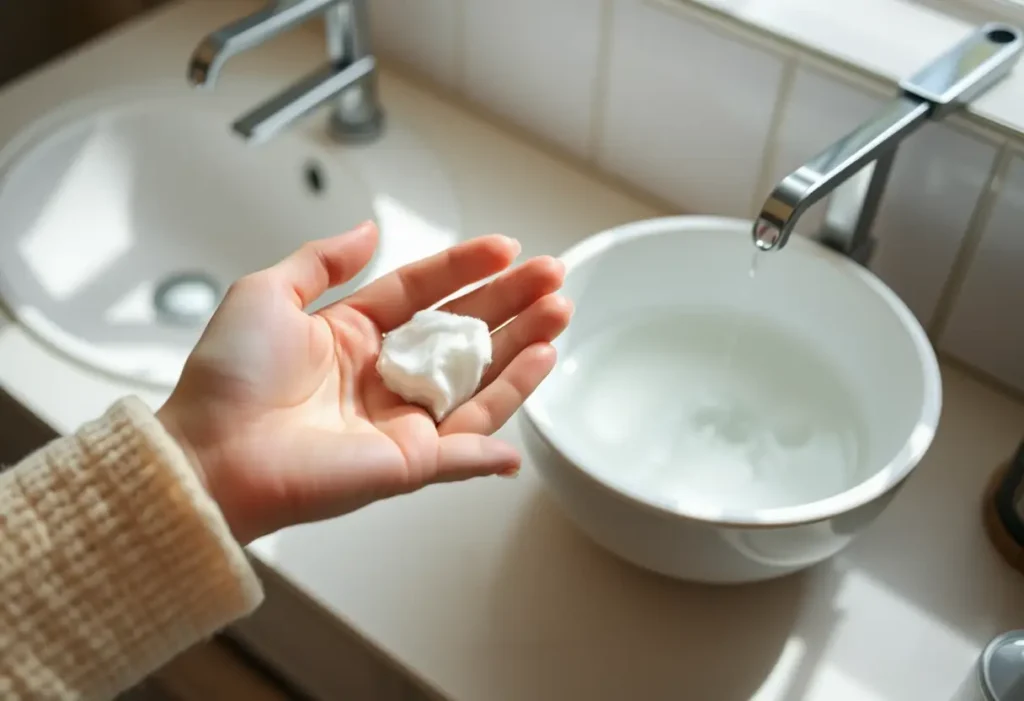 Main de femme tenant un coton imbibé d'eau près d'un bol d'eau claire en salle de bains, pour l'hygiène intime