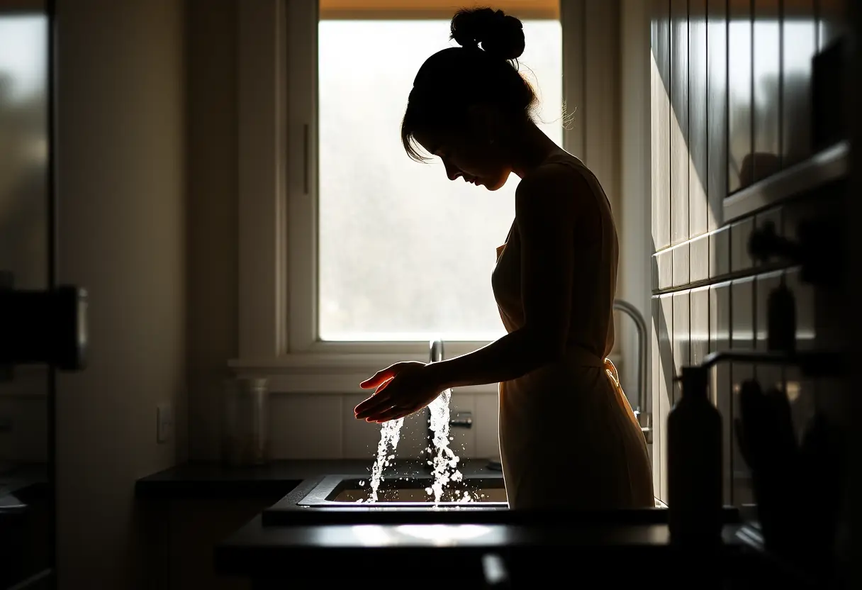 Silhouette de femme se lavant les mains dans l'évier de cuisine, pour une hygiène intime sereine