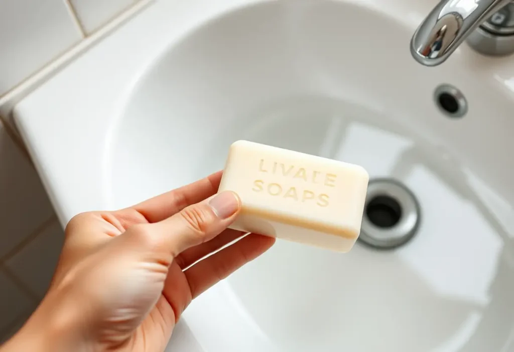 Une barre de savon sans parfum dans une évier, mettant en avant l'importance des produits adaptés pour l'hygiène intime.