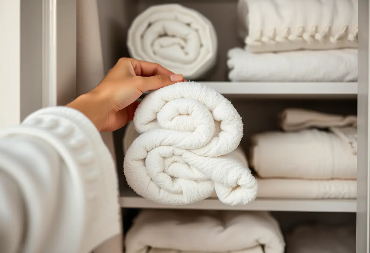 Une serviette pliée dans un placard à linge, représentant l'importance de maintenir une bonne hygiène intime.