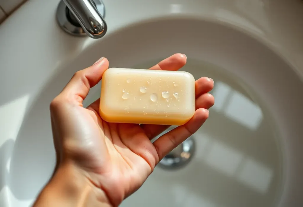 Une main tenant un savon avec des gouttes brillantes posées sur un évier rempli d'eau