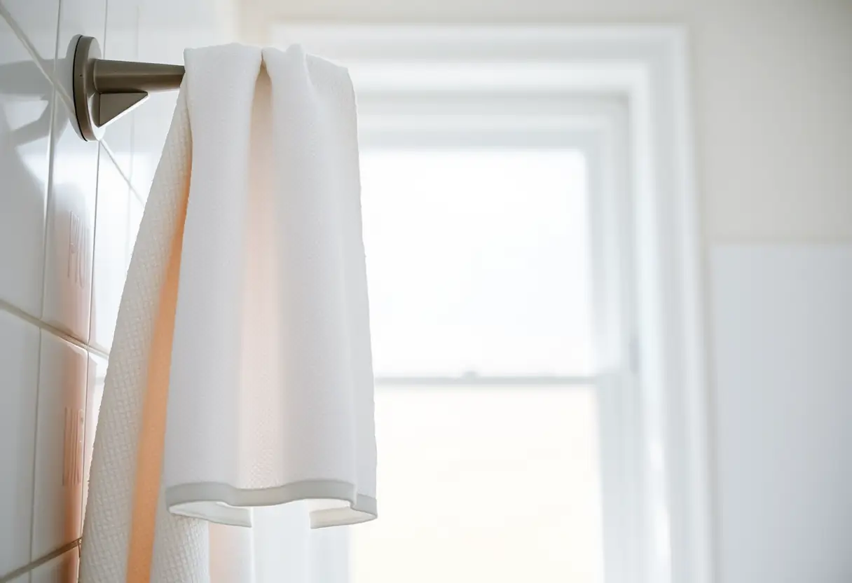 Un gant de toilette suspendu sur un porte-serviettes dans une salle de bains bien éclairée