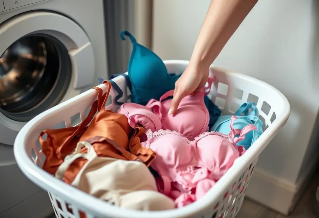 Une main trie des soutiens-gorge dans un panier à linge pour le lavage.