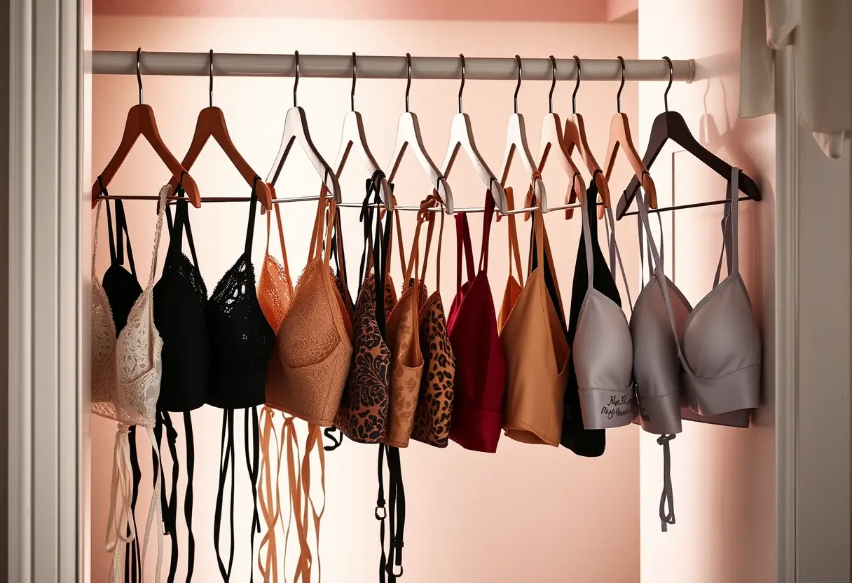 Un placard dans une chambre contient des soutiens-gorge soigneusement rangés par couleur et style.
