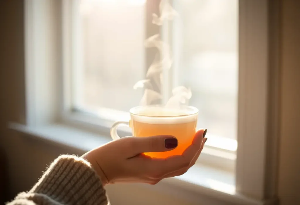 Une main féminine tient une tasse de thé chaud, symbolisant le bien-être et la sérénité