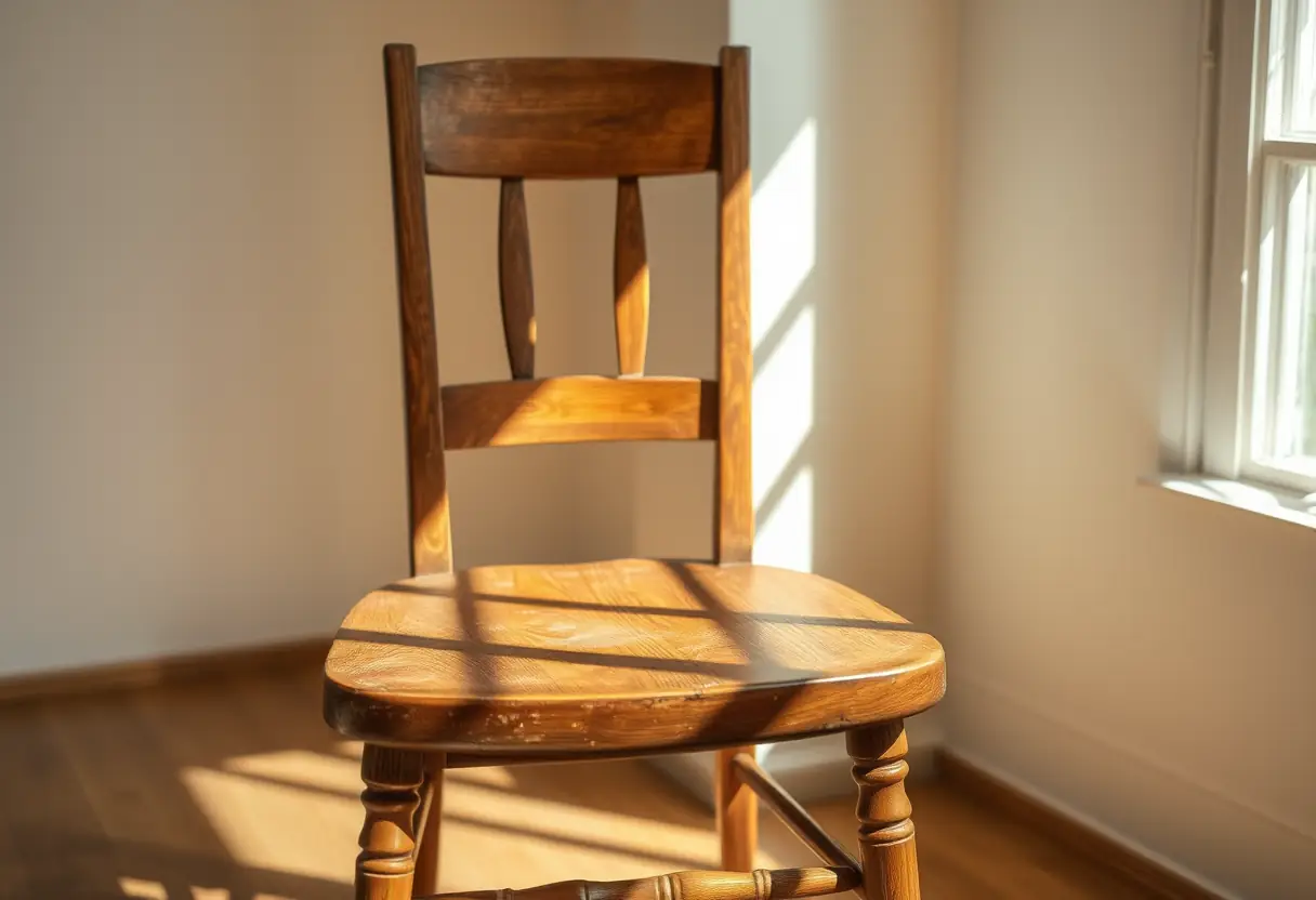 Un fauteuil en bois dans une pièce lumineuse, symbole de repos et de réflexion intime