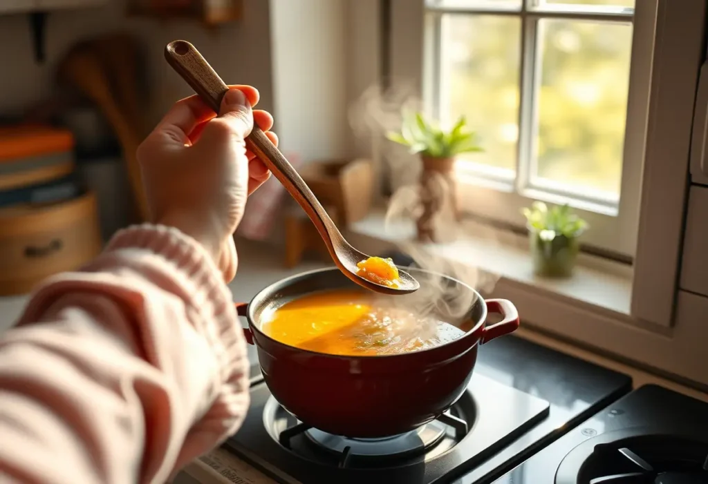 Main image d'une soupe chaude dans une cuisine accueillante, rappelant l'importance de l'alimentation dans la stimulation du désir.