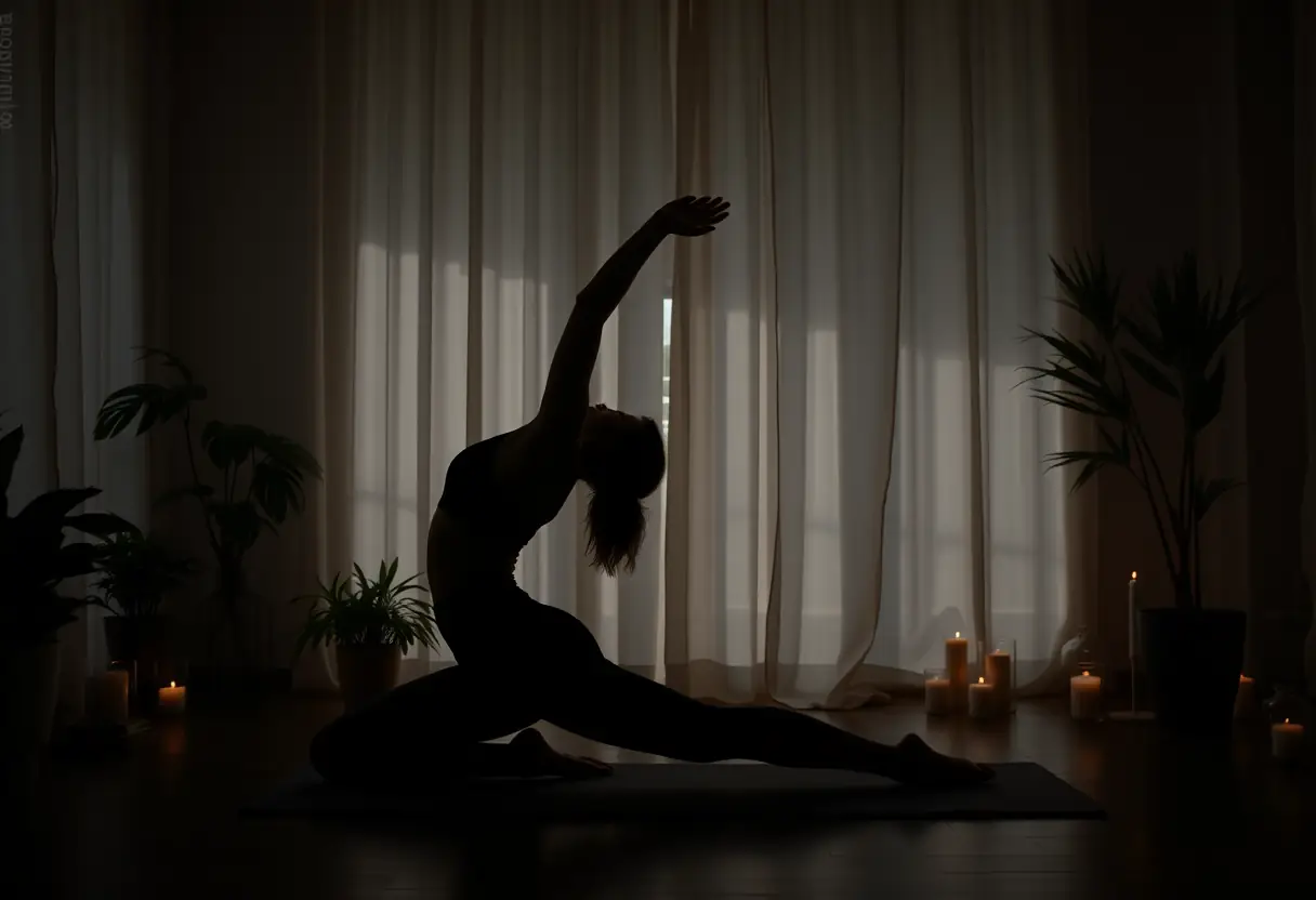 Image principale d'une silhouette étirée en yoga, soulignant les bienfaits du yoga pour la santé émotionnelle et physique.
