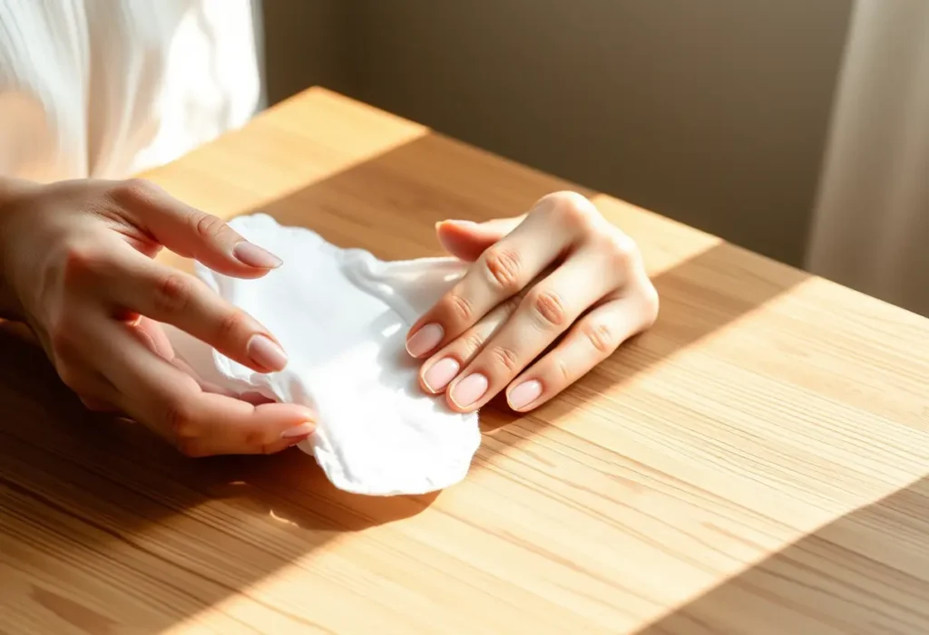 Une main féminine plie délicatement un coussin hygienique en coton sur une table en bois.