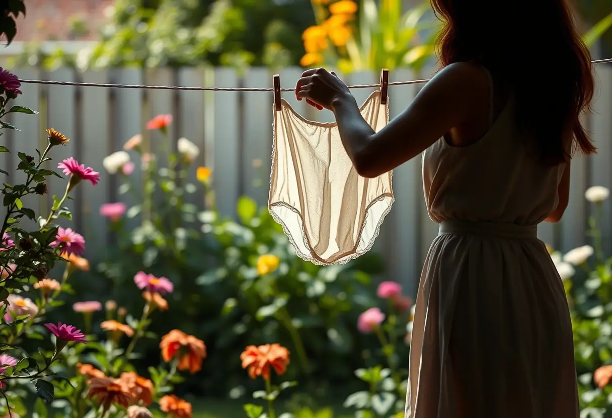 Un silhouette féminine accroche un sous-vêtement en coton sur une corde à linge dans un jardin arboré.