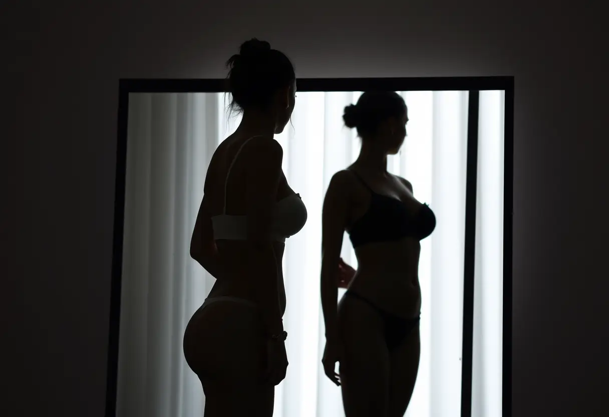 Un silhouette essayant différents soutiens-gorge devant un miroir pour trouver la meilleure adaptation