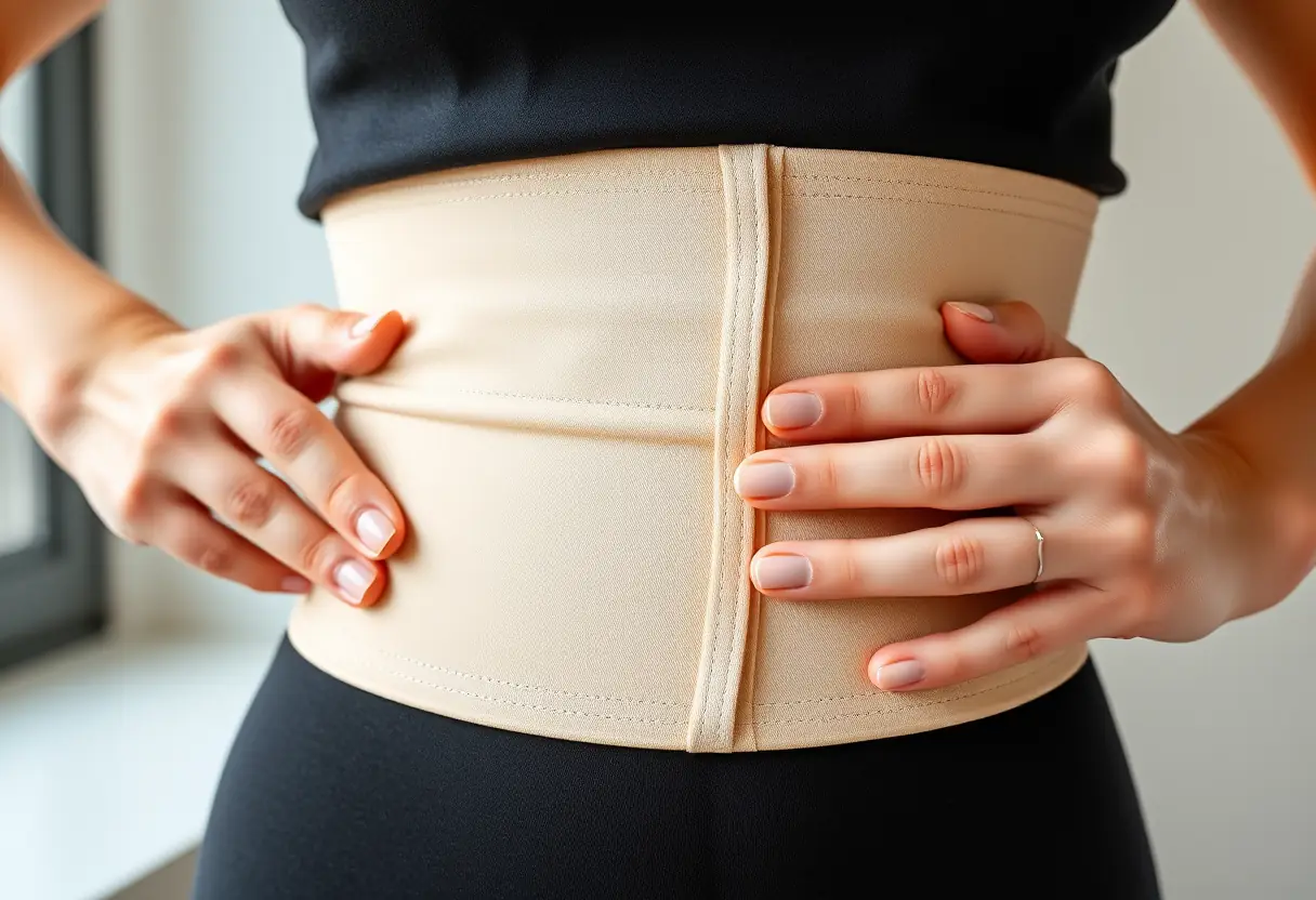 Une main lisse la bande élastique d'un corset, mettant en valeur le confort et le maintien.