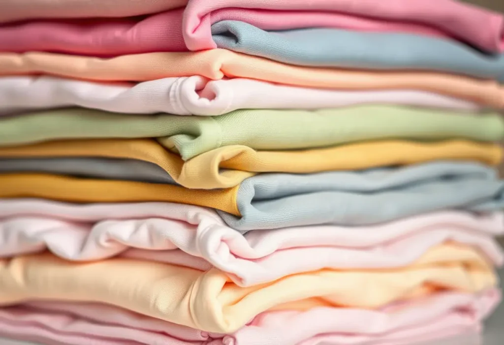 Un tas de vêtements pliés dans différentes teintes pastel, représentant la variété de styles disponibles pour les soutiens-gorges push-up.