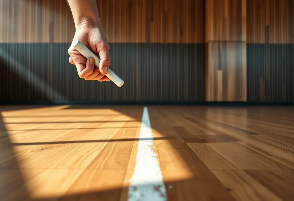Une main tient un morceau de craie qui trace une ligne sur un sol en bois dans une salle de gymnastique, soulignant l'espace pour un nouveau programme d'exercices.