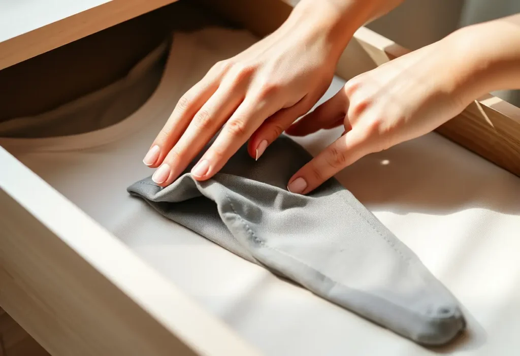 Une main qui ajuste un triangle de tissu, symbolisant le confort et le choix du bon soutien-gorge.