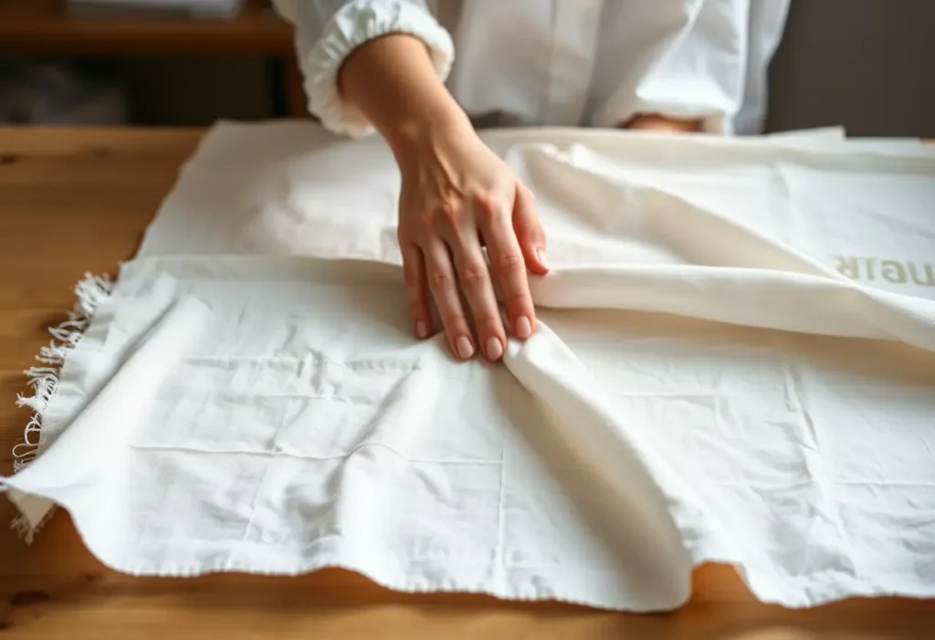 Main focus sur une main lissant un tissu en coton, symbolisant le confort et la douceur.