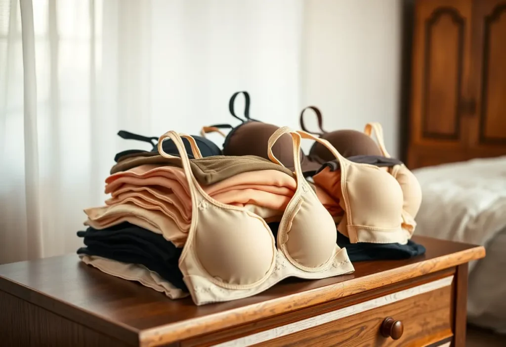 Un tas de soutiens-gorge de différentes tailles et formes posés sur une commode en bois dans une chambre
