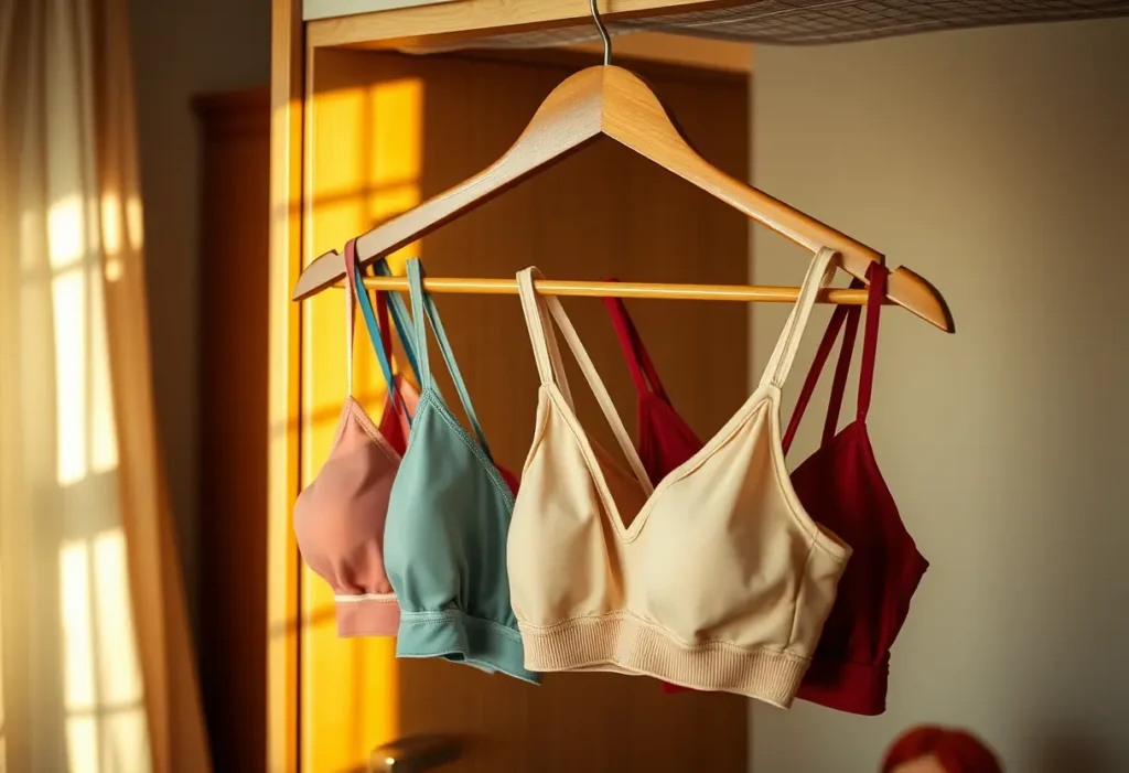 Un porte-vêtements en bois dans la chambre d'une adolescente, avec plusieurs soutiens-gorge de différentes couleurs, éclairés par la lumière de l'après-midi.