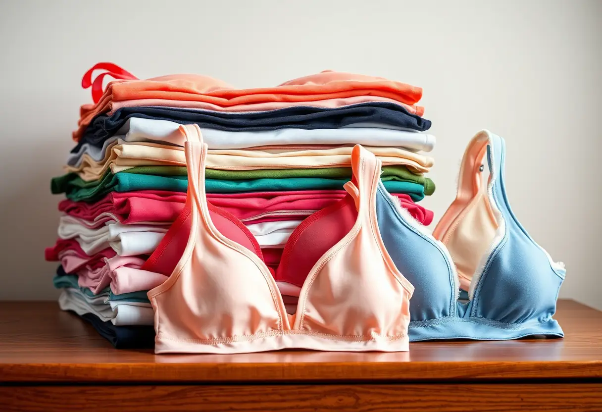 Un tas de soutiens-gorges colorés disposés sur une commode en bois, montrant différentes tailles et styles