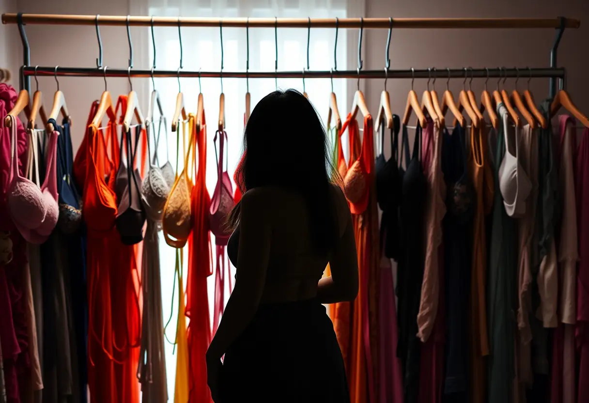 Un profil d'une femme devant un dressing rempli de soutiens-gorges suspendus, mettant en valeur la diversité des choix
