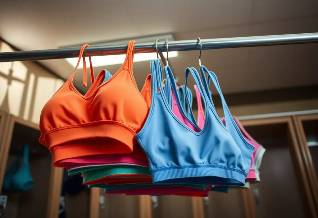 Ensemble de brassières de sport suspendues dans un vestiaire, essentiels pour le confort du sportif