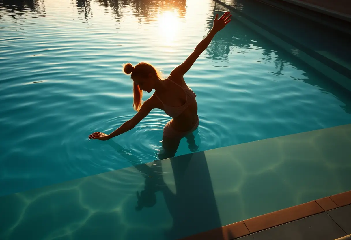Femme s’étirant près de la piscine, préparation avant la natation avec une brassière adéquate