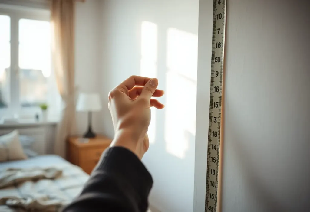 Une main féminine tenant un ruban métrique contre un mur dans une chambre accueillante, lumière naturelle