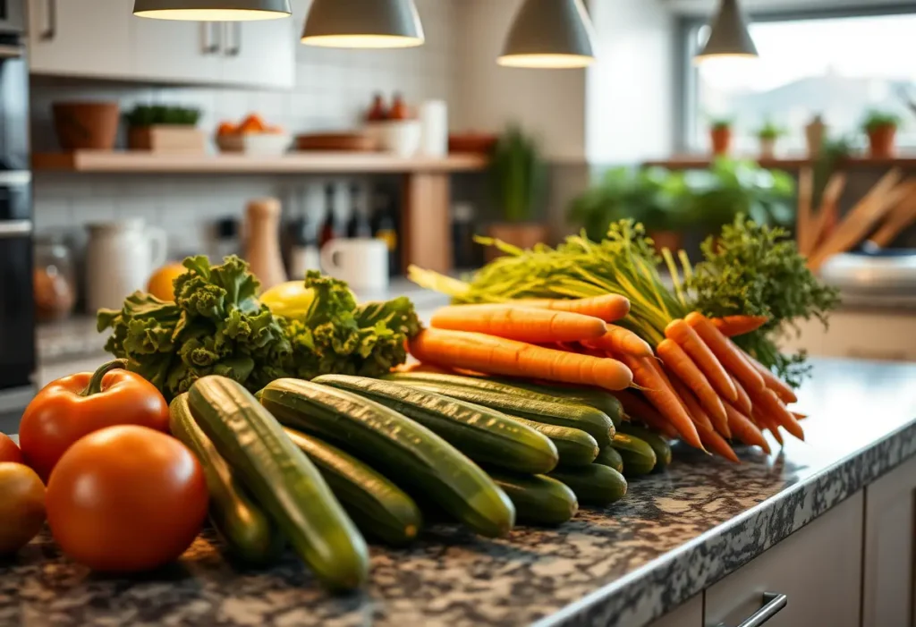 Une main atteignant dans un panier tressé rempli de produits frais, mettant en valeur la variété et la fraîcheur des ingrédients