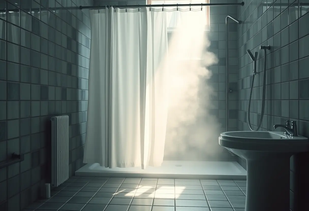Une main tourne l'eau d'un robinet chromé, l'eau s'écrasant dans un lavabo en porcelaine blanche, reflétant l'atmosphère doucement brumeuse