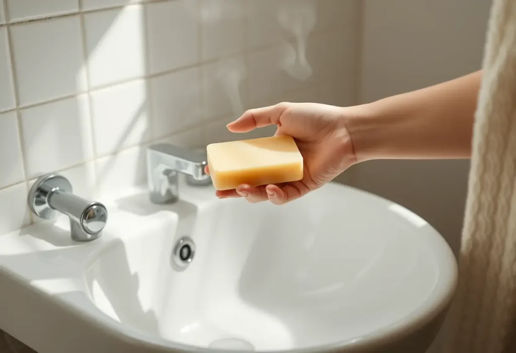 Une main tient un savon au-dessus d'un lavabo blanc, soulignant l'importance de l'hygiène intime