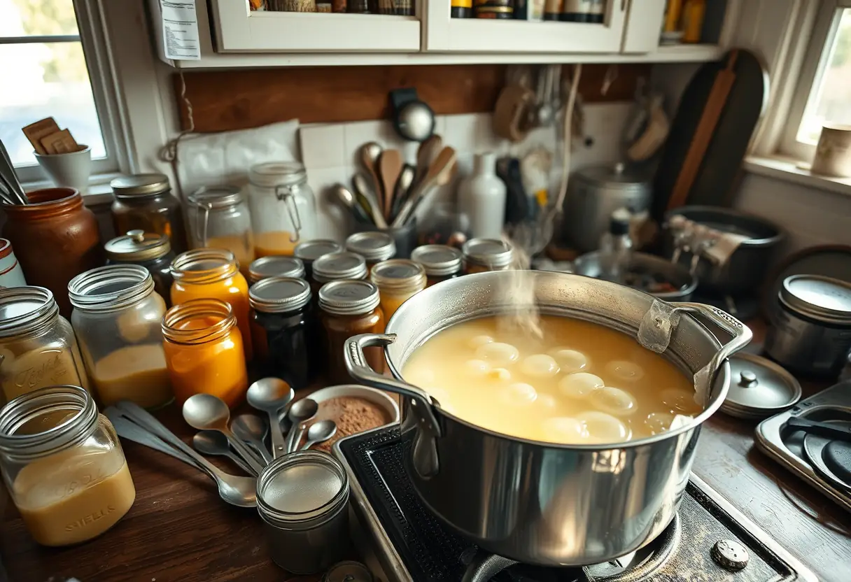 Un plan incluant une multitude d'ustensiles et de pots sur un comptoir de cuisine éclairé naturellement.