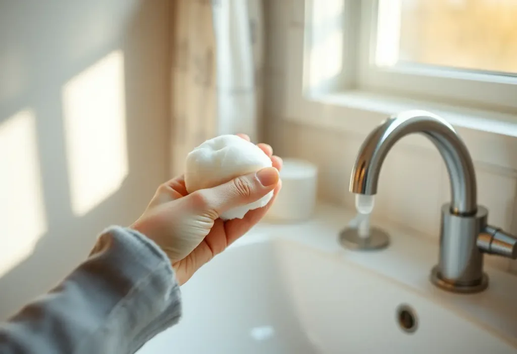 Main : une main féminine tenant doucement un coton-ball blanc près d’un lavabo, éclairée par la lumière du matin qui filtre à travers la fenêtre.