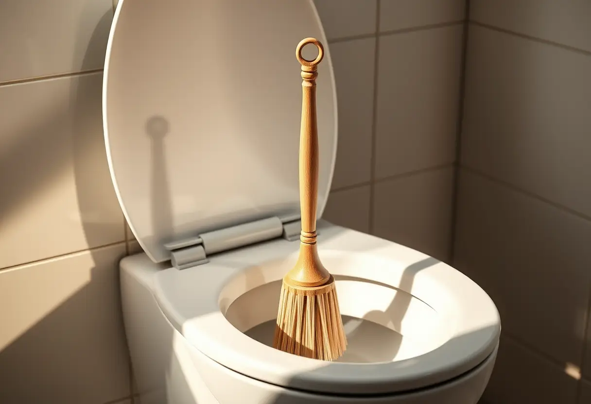 Vue d'une brosse toilette en bois dans une salle de bains moderne, symbolisant l'importance de l'hygiène personnelle.