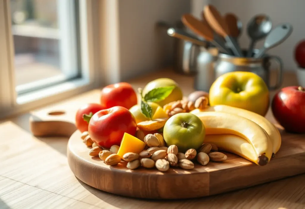 Un plateau de bois rempli de fruits frais et de noix, éclairé par la lumière naturelle d'une fenêtre, idéal pour un petit-déjeuner équilibré