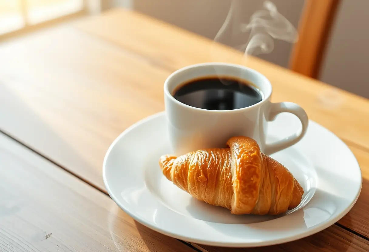 Une tasse de café fumant posée à côté d'un croissant sur une assiette blanche, évoquant un petit-déjeuner traditionnel et réconfortant