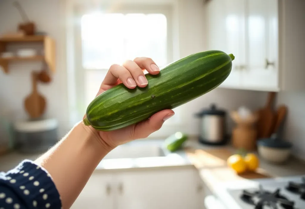 Une main tient un concombre vert dans une cuisine lumineuse