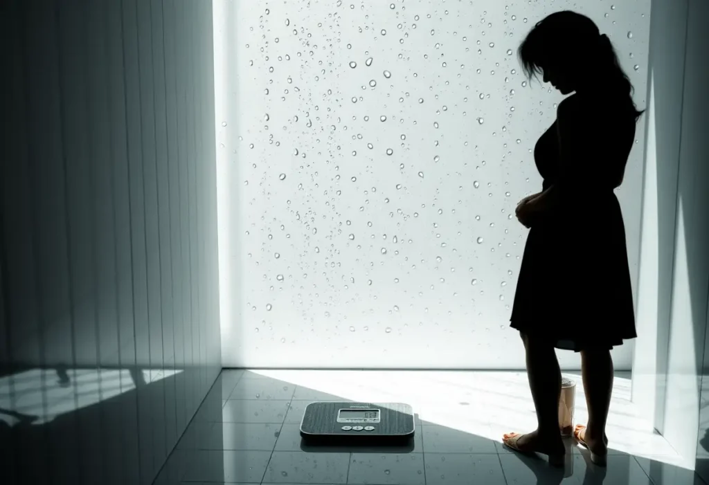 Un profil féminin debout dans une salle de bain, regardant un poids numérique sur le sol, éclairé par la lumière naturelle
