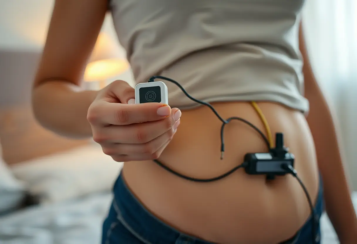 Une main féminine tenant un petit dispositif avec des fils attachés à son abdomen, éclairée par la lumière d'un abat-jour dans sa chambre