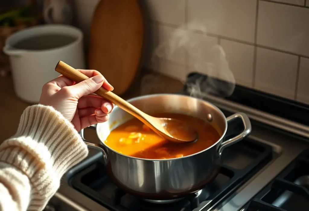 Une main féminine tient une cuillère en bois dans une cuisine, symbolisant la nourriture et le confort
