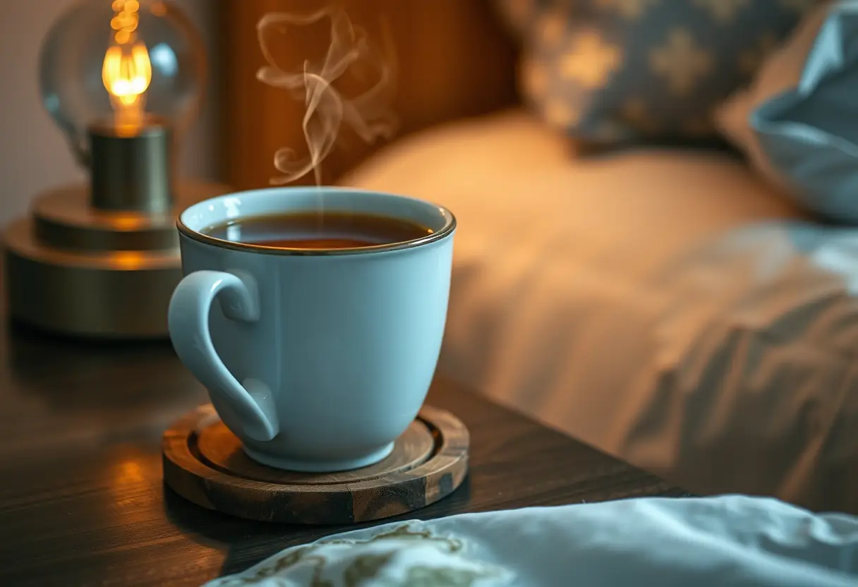 Une tasse de thé aromatique sur une commode de nuit, illustrant le bien-être et la détente