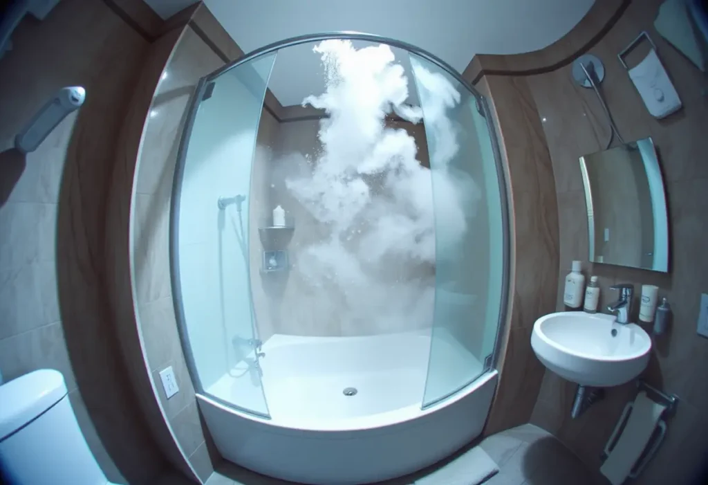 Une salle de bains avec de la vapeur s'élevant d'une cabine de douche, soulignant l'importance de bien se sécher après le bain, pour préserver l'hygiène intime.