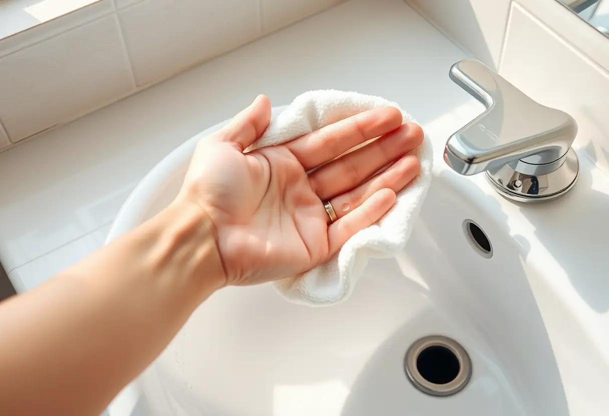 Une main tient un gant de toilette en coton doux posé sur un lavabo blanc. Hygiène intime.