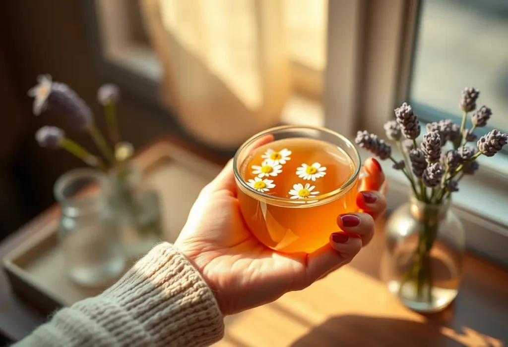Une main féminine tient une tasse de thé de camomille, accompagnée de lavande, symbolisant la sérénité