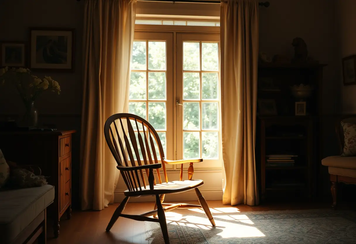 Un fauteuil en bois dans un salon accueillant, baigné de lumière naturelle, représentant le bien-être