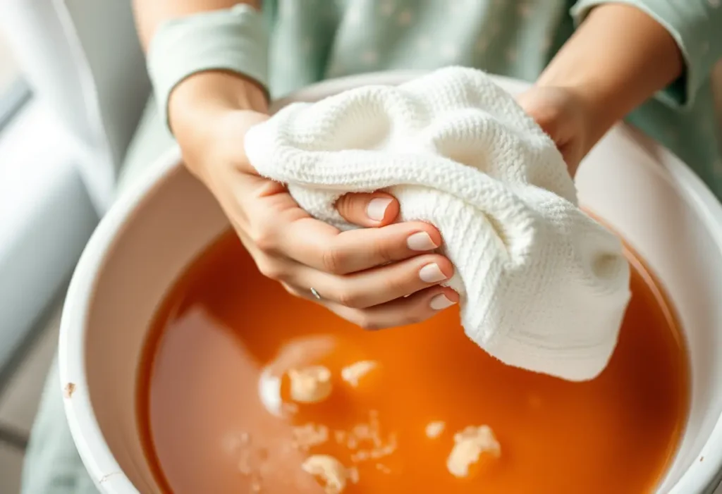 Main : Une main féminine tient un gant de toilette en coton doux près d'une bassine d'eau chaude.