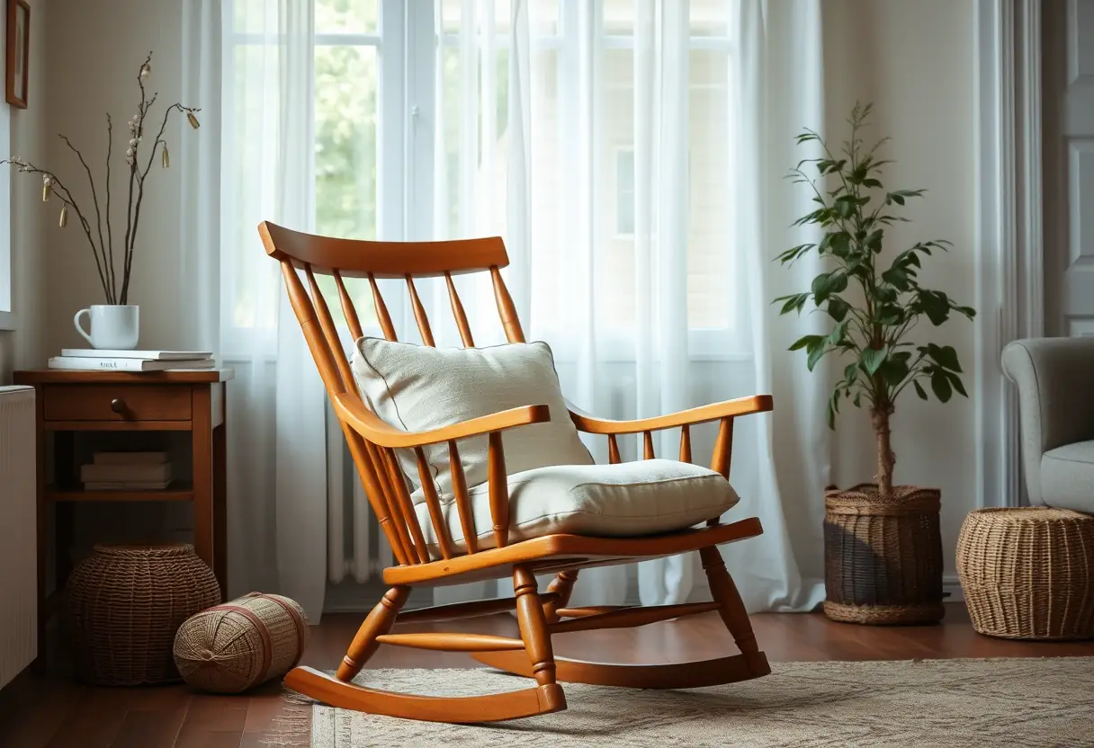Texte alternatif : Un fauteuil en bois dans un salon accueillant, rappelant le repos nécessaire après l'accouchement.